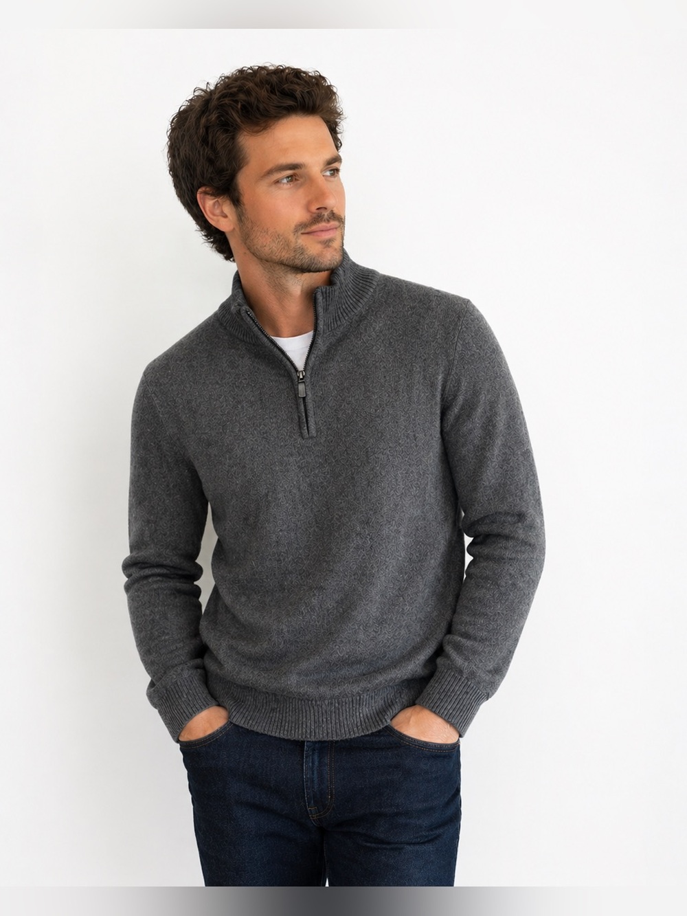 Denver Hayes Men's quarter Zip-Neck Sweater in Charcoal Gray size small